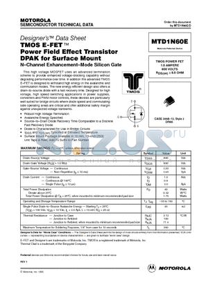 MTD1N60E datasheet - TMOS POWER FET 1.0 AMPERE 600 VOLTS RDS(on) = 8.0 OHM