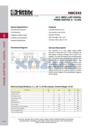 HMC543 datasheet - 22.5` MMIC 4-BIT DIGITAL PHASE SHIFTER, 8 - 12 GHz