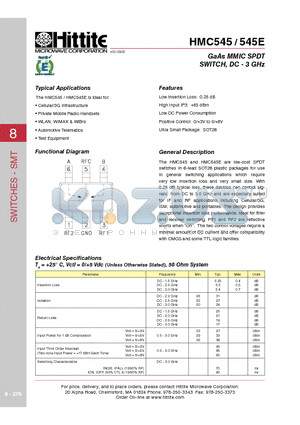 HMC545 datasheet - GaAs MMIC SPDT SWITCH, DC - 3 GHz