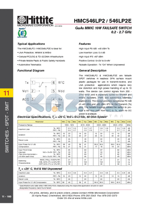 HMC546LP2 datasheet - GaAs MMIC 10W FAILSAFE SWITCH 0.2 - 2.7 GHz