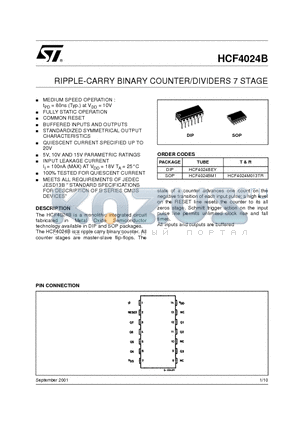 HCF4024M013TR datasheet - RIPPLE-CARRY BINARY COUNTER/DIVIDERS 7 STAGE