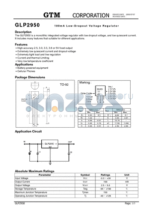 GLP2950 datasheet - 100mA LOW DROPOUT VOLTAGE REGULATOR