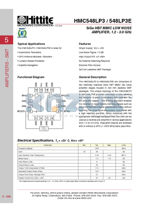 HMC548LP3E datasheet - SiGe HBT MMIC LOW NOISE AMPLIFIER, 1.2 - 3.0 GHz