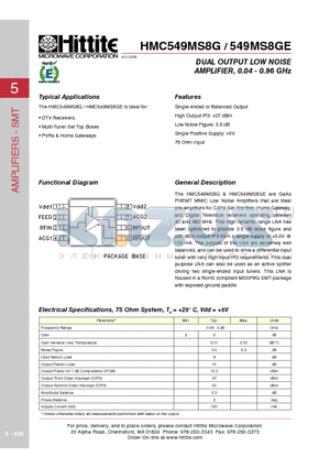 HMC549MS8G datasheet - DUAL OUTPUT LOW NOISE AMPLIFIER, 0.04 - 0.96 GHz