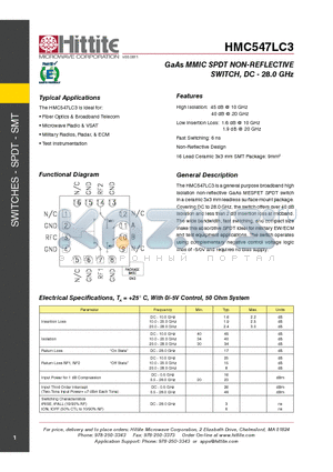HMC547LC3 datasheet - GaAs MMIC SPDT NON-REFLECTIVE