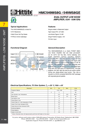 HMC549MS8GE datasheet - DUAL OUTPUT LOW NOISE AMPLIFIER, 0.04 - 0.96 GHz