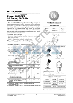 MTD20N06HD datasheet - Power MOSFET 20 Amps, 60 Volts N−Channel DPAK