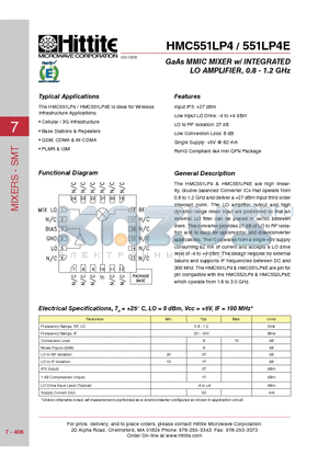 HMC551LP4 datasheet - GaAs MMIC MIXER w/ INTEGRATED LO AMPLIFIER, 0.8 - 1.2 GHz