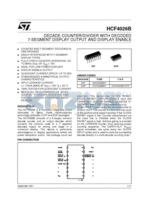 HCF4026BM1 datasheet - DECADE COUNTER/DIVIDER WITH DECODED 7-SEGMENT DISPLAY OUTPUT AND DISPLAY ENABLE