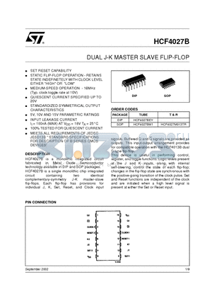 HCF4027BEY datasheet - DUAL J-K MASTER SLAVE FLIP-FLOP