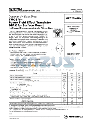 MTD20N06V datasheet - TMOS POWER FET 20 AMPERES 60 VOLTS RDS(on) = 0.080 OHM