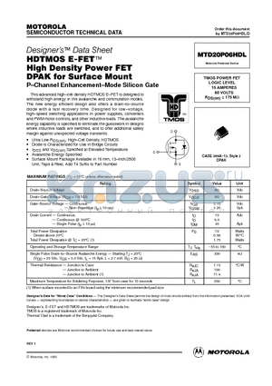 MTD20P06 datasheet - TMOS POWER FET LOGIC LEVEL 15 AMPERES 60 VOLTS RDS(on) = 175 MOHM