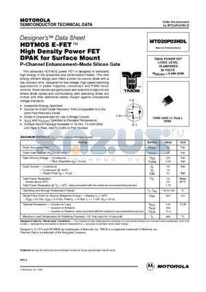 MTD20P03 datasheet - TMOS POWER FET LOGIC LEVEL 19 AMPERES 30 VOLTS RDS(on) = 0.099 OHM