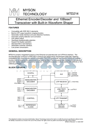 MTD214 datasheet - Ethernet Encoder/Decoder and 10BaseT Transceiver with Built-in Waveform Shaper