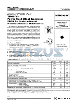 MTD2955V datasheet - TMOS POWER FET 12 AMPERES 60 VOLTS RDS(on) = 0.230 OHM