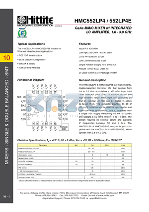 HMC552LP4 datasheet - GaAs MMIC MIXER w/ INTEGRATED LO AMPLIFIER, 1.6 - 3.0 GHz