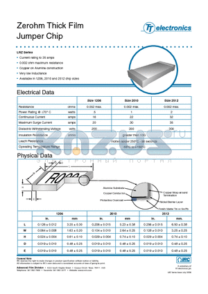 LRC-LRZ1206LF-R000 datasheet - Zerohm Thick Film Jumper Chip