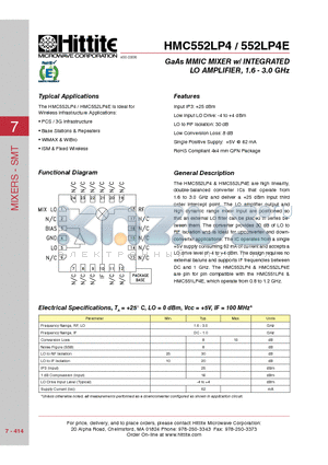 HMC552LP4E datasheet - GaAs MMIC MIXER w/ INTEGRATED LO AMPLIFIER, 1.6 - 3.0 GHz