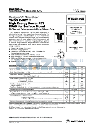 MTD2N40E datasheet - TMOS POWER FET 2.0 AMPERES 400 VOLTS RDS(on) = 3.5 OHM