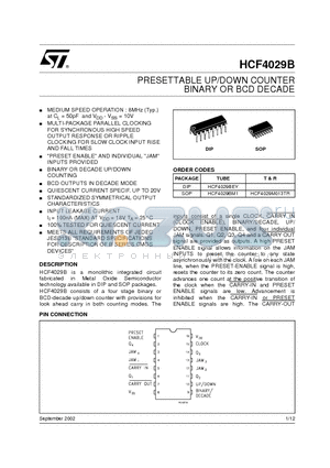 HCF4029B datasheet - PRESETTABLE UP/DOWN COUNTER BINARY OR BCD DECADE