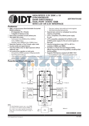 IDT70V7319S datasheet - HIGH-SPEED 3.3V 256K x 18 SYNCHRONOUS BANK-SWITCHABLE DUAL-PORT STATIC RAM WITH 3.3V OR 2.5V INTERFACE