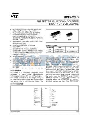HCF4029BEY datasheet - PRESETTABLE UP/DOWN COUNTER BINARY OR BCD DECADE