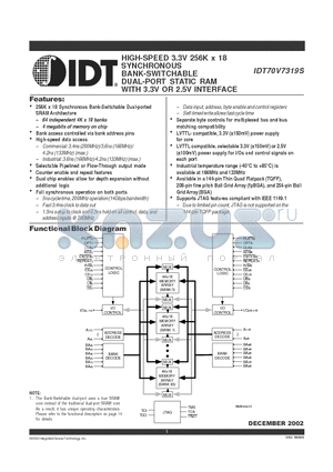 IDT70V7319S133DD datasheet - HIGH-SPEED 3.3V 256K x 18 SYNCHRONOUS BANK-SWITCHABLE DUAL-PORT STATIC RAM WITH 3.3V OR 2.5V INTERFACE