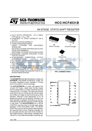 HCF4031B datasheet - 64-STAGE STATIC SHIFT REGISTER