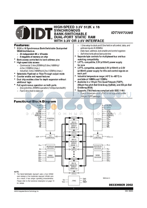 IDT70V7339S133BFI datasheet - HIGH-SPEED 3.3V 512K x 18 SYNCHRONOUS BANK-SWITCHABLE DUAL-PORT STATIC RAM WITH 3.3V OR 2.5V INTERFACE