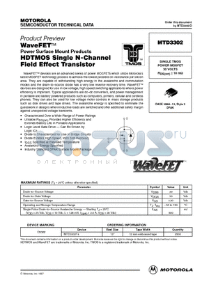 MTD3302 datasheet - SINGLE TMOS POWER MOSFET 30 VOLTS RDS(on) = 10 mohm