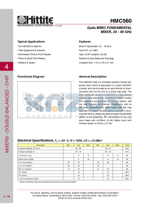 HMC560 datasheet - GaAs MMIC FUNDAMENTAL MIXER, 24 - 40 GHz