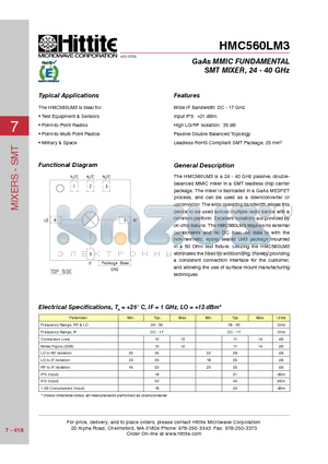 HMC560LM3 datasheet - GaAs MMIC FUNDAMENTAL SMT MIXER, 24 - 40 GHz