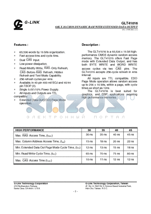 GLT41016-40J4 datasheet - 64K X 16 CMOS DYNAMIC RAM WITH EXTENDED DATA OUTPUT