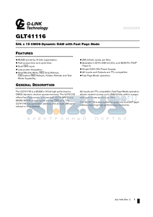 GLT4116-40J4 datasheet - 64k x 16 CMOS Dynamic RAM with Fast Page Mode