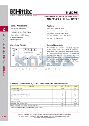 HMC561 datasheet - GaAs MMIC x2 ACTIVE FREQUENCY MULTIPLIER, 8 - 21 GHz OUTPUT