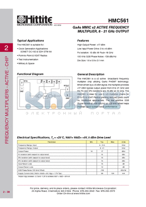 HMC561 datasheet - GaAs MMIC x2 ACTIVE FREQUENCY MULTIPLIER, 8 - 21 GHz OUTPUT