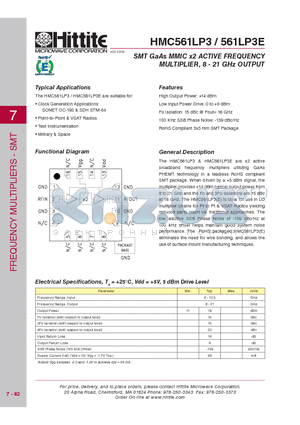 HMC561LP3E datasheet - SMT GaAs MMIC x2 ACTIVE FREQUENCY MULTIPLIER, 8 - 21 GHz OUTPUT