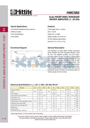 HMC562 datasheet - GaAs PHEMT MMIC WIDEBAND DRIVER AMPLIFIER, 2 - 35 GHz