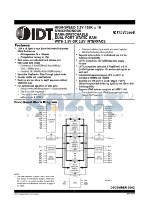 IDT70V7399S166DDI datasheet - HIGH-SPEED 3.3V 128K x 18 SYNCHRONOUS BANK-SWITCHABLE DUAL-PORT STATIC RAM WITH 3.3V OR 2.5V INTERFACE