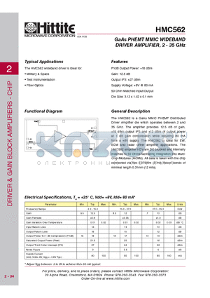 HMC562_08 datasheet - GaAs PHEMT MMIC WIDEBAND DRIVER AMPLIFIER, 2 - 35 GHz