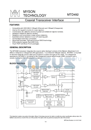 MTD492 datasheet - Coaxial Transceiver Interface