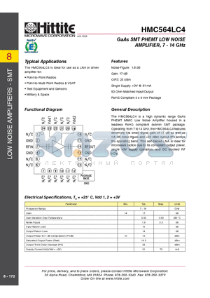 HMC564LC4 datasheet - GaAs SMT PHEMT LOW NOISE AMPLIFIER, 7 - 14 GHz