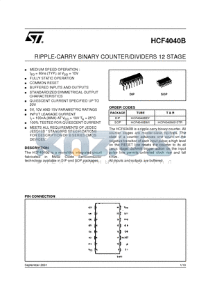 HCF4040 datasheet - RIPPLE-CARRY BINARY COUNTER/DIVIDERS 12 STAGE