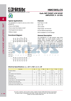 HMC565LC5 datasheet - GaAs SMT PHEMT LOW NOISE AMPLIFIER, 6 - 20 GHz