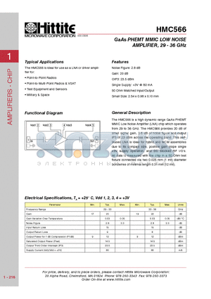 HMC566 datasheet - GaAs PHEMT MMIC LOW NOISE AMPLIFIER, 29 - 36 GHz