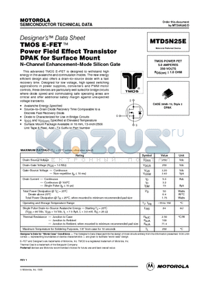 MTD5N25E datasheet - TMOS POWER FET 5.0 AMPERES 250 VOLTS RDS(on) = 1.0 OHM