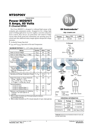 MTD5P06V datasheet - Power MOSFET 5 Amps, 60 Volts P−Channel DPAK