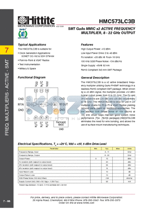 HMC573LC3B datasheet - SMT GaAs MMIC x2 ACTIVE FREQUENCY MULTIPLIER, 8 - 22 GHz OUTPUT