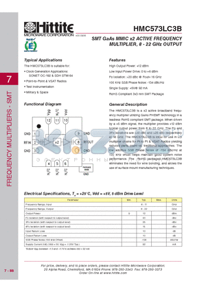 HMC573LC3B datasheet - SMT GaAs MMIC x2 ACTIVE FREQUENCY MULTIPLIER, 8 - 22 GHz OUTPUT