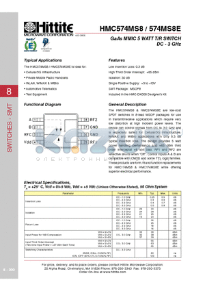 HMC574MS8 datasheet - GaAs MMIC 5 WATT T/R SWITCH DC - 3 GHz